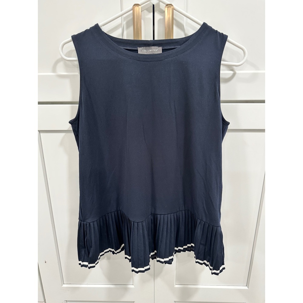 The Limited Sleeveless Pleated Tank Top Striped Hem Casual Navy S